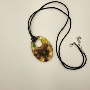 Artistic Fused Glass Oval Pendant Necklace with Black Silk Cord